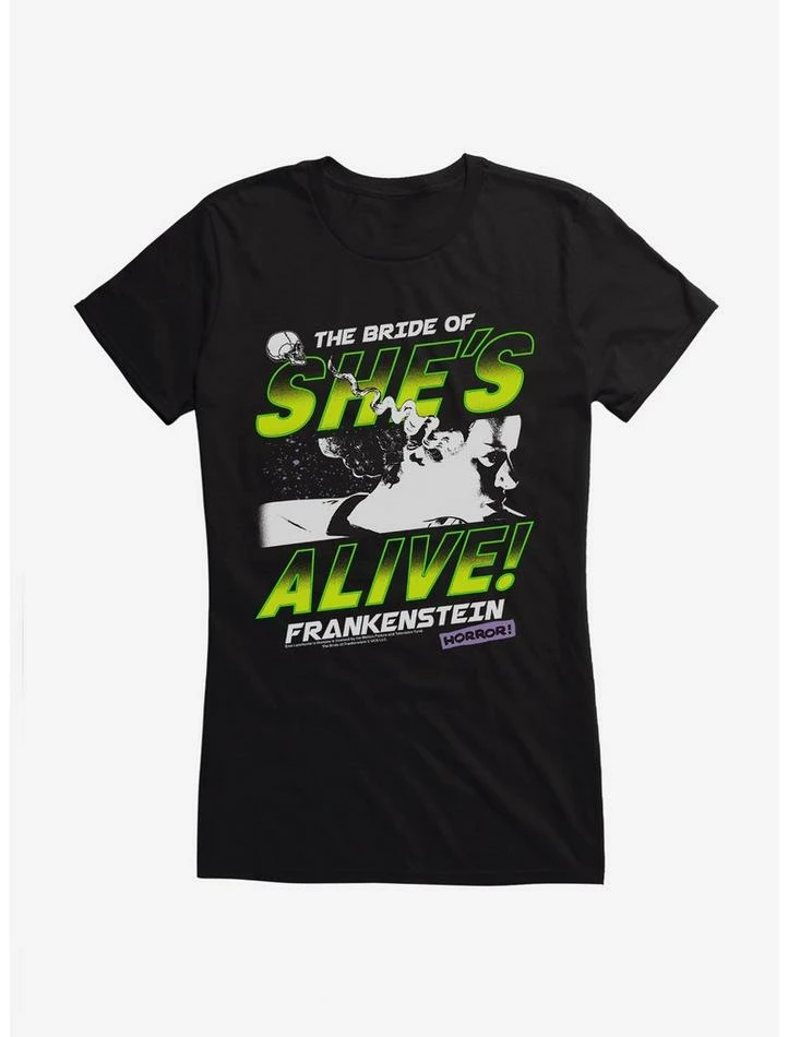 Deals 𧨠Universal Monsters Bride Of Frankenstein Horror Poster π§ Girls T-Shirt β - Image 2